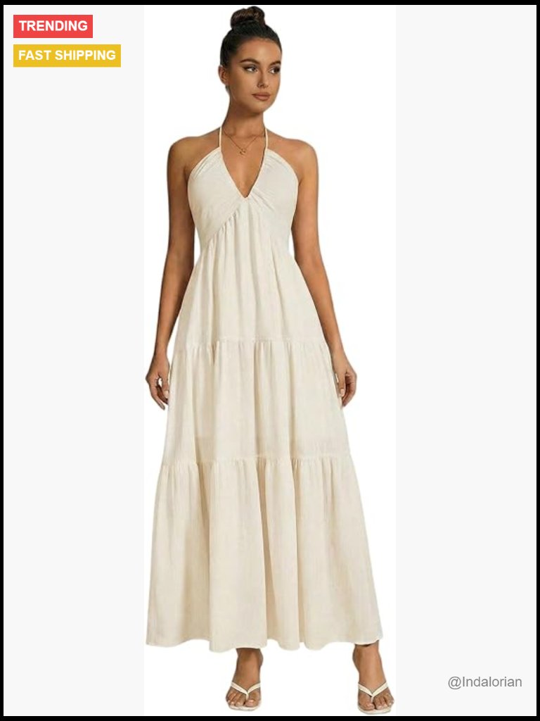 Women's Halter Neck Backless Maxi Dress Flowy Boho Vacation Beach Formal